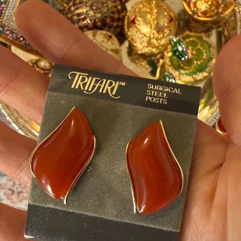 Trifari Red Lucite Gold Tone Earrings | Surgical Steel Posts